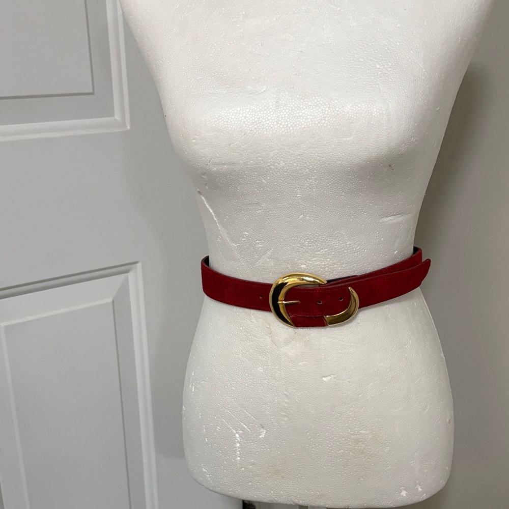 Red Suede Belt with Gold Double Ring Buckle